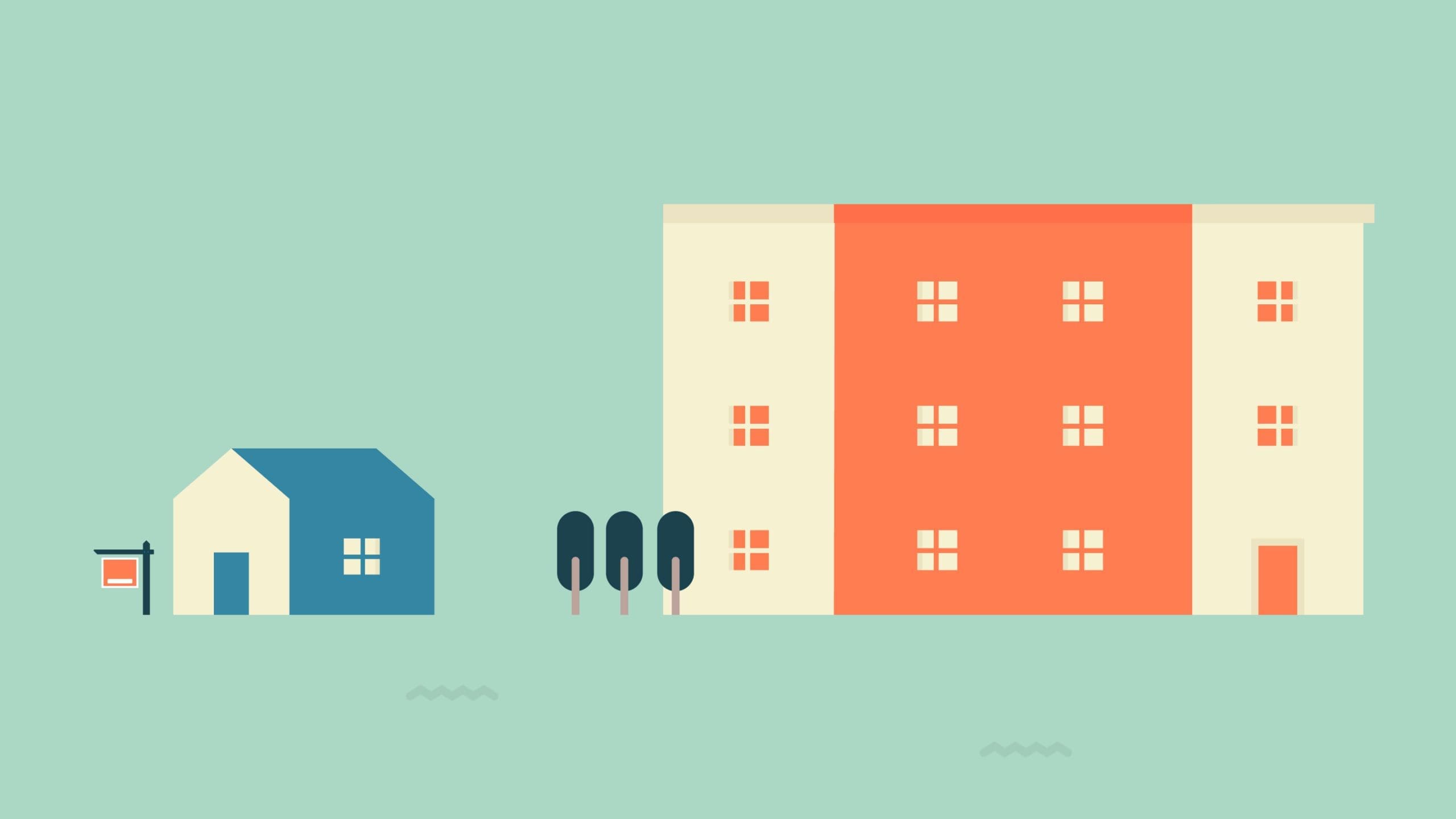 buying-a-home-spot graphic comparing a house to an apartment complex