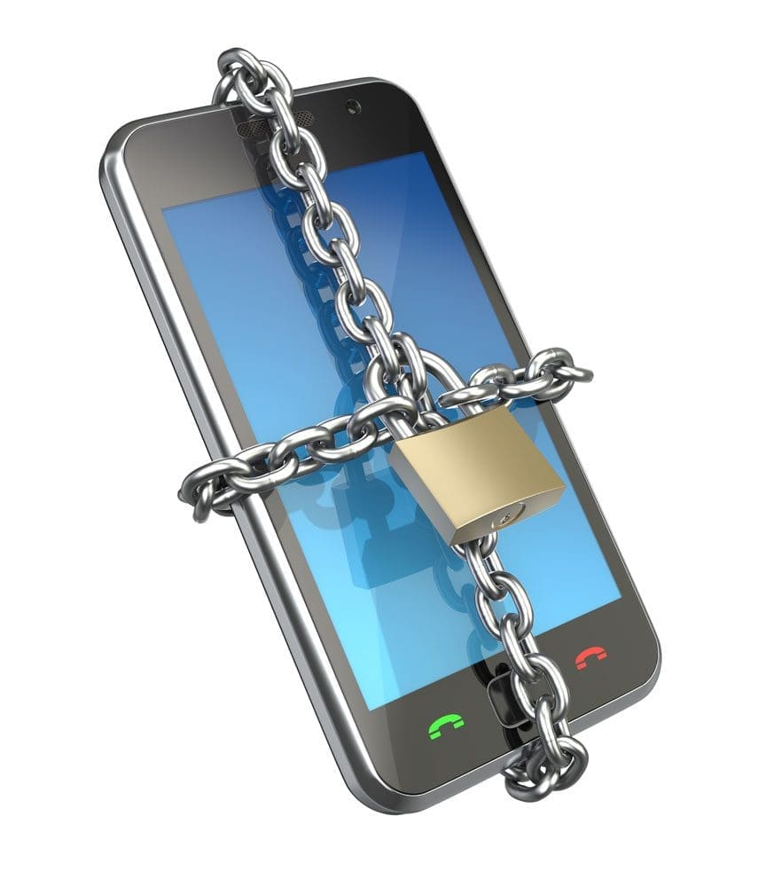 cellphone protected by chains and a lock