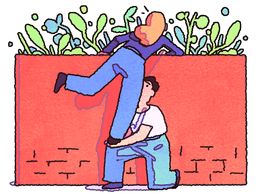 man helping a woman over brick wall graphic